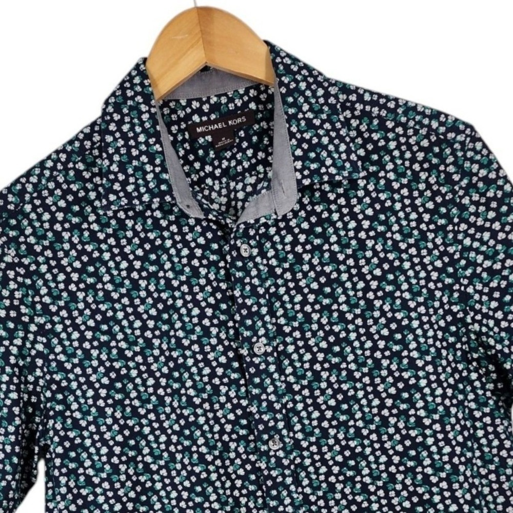 Michael Kors Button Down Men M Blue Floral Short Sleeve Stretch Cotton Shirt